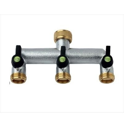 Picture of Brass 3-way manifold with ¾" female tap connector & valved ¾" male BSP outlets