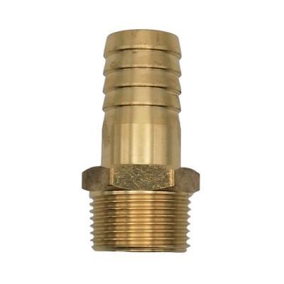 Picture of Brass male BSPT x hosetail adaptor. Hose ID  ¼" x ¼" BSPT male thread