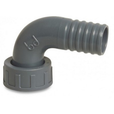 Picture of ½" x 12mm PP (grey) 90° female BSP Union to hosetail adaptor elbow - 6 Bar