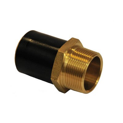 Picture of 50mm x 1½" Plasson Brass Male BSPT to EF Weldable spigot. PE100 black