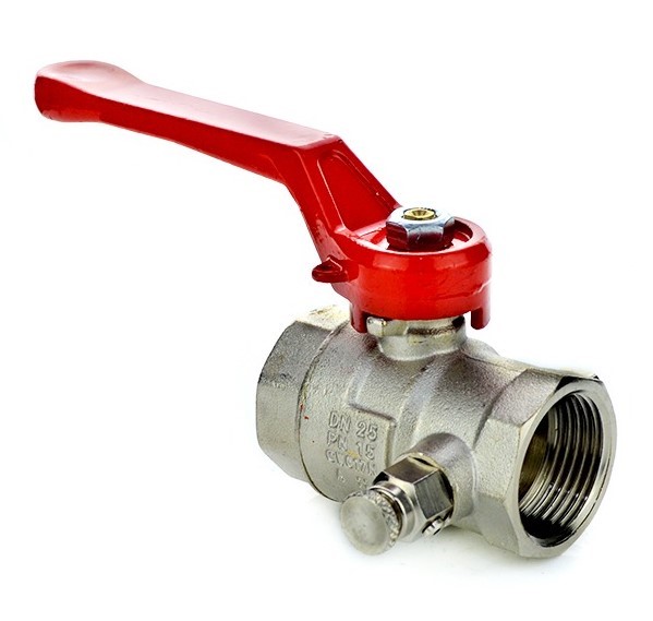Picture of 1¼" BSPP full flow brass ball valve. PTFE seat and NBR seal. PN20. ¼" Drain Plug